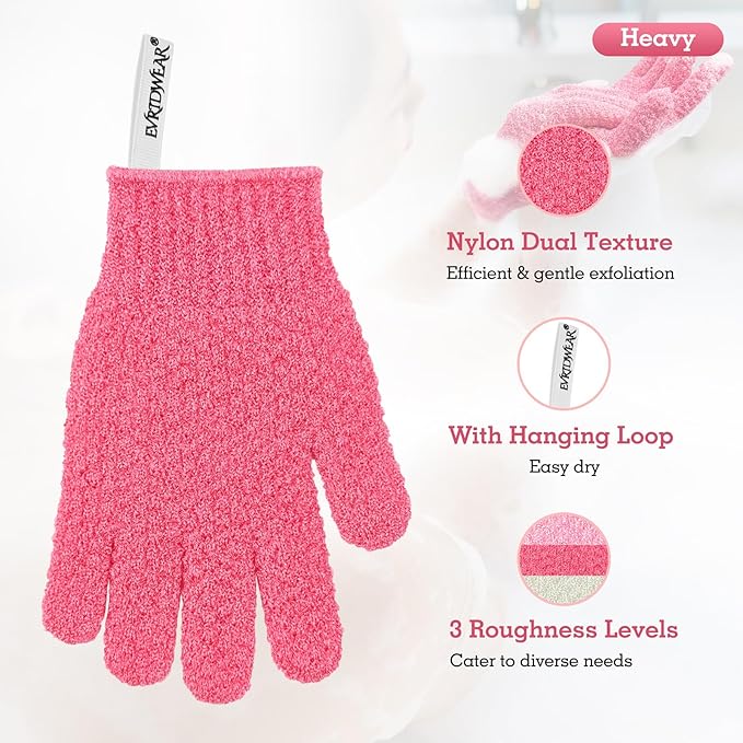 Evridwear Exfoliating Glove Shower Gloves Exfoliate Dead Skin for Dry Sensitive Skin No Irritation with Hanging Loop (Hot Pink Deep Exfoliation)