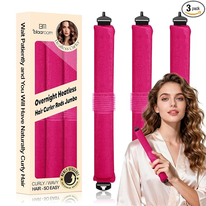 Overnight Heatless Hair Curler, Upgraded with Hair Pad Grippers Satin Jumbo Flexi Blowout Curls Rods, 3pcs No-Heat Styling Tools Curling Rod to Sleep in for All Hair Types - Rose Red