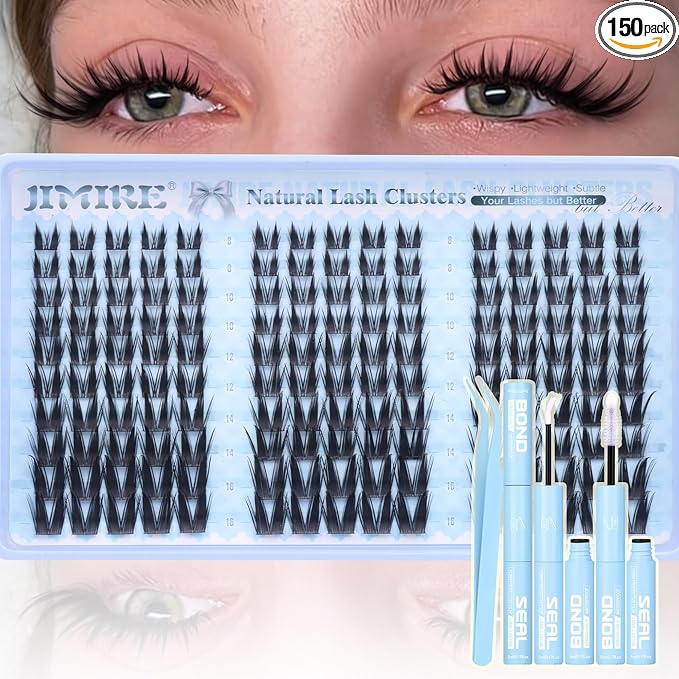 Manga Lash Clusters Wispy Lash Extension Kit 8-16MM Anime Lash Clusters Kit with Bond and Seal Lash Glue Natural Eyelash Clusters Kit 150Pcs C Curl Bunny Cluster Eyelash Extensions by JIMIRE