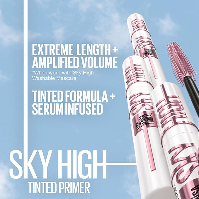 Maybelline Lash Sensational Sky High Washable Mascara + Boosting Lash Primer Makeup Bundle, Includes 1 Mascara in Blackest Black and 1 Eyelash Primer in Soft Black