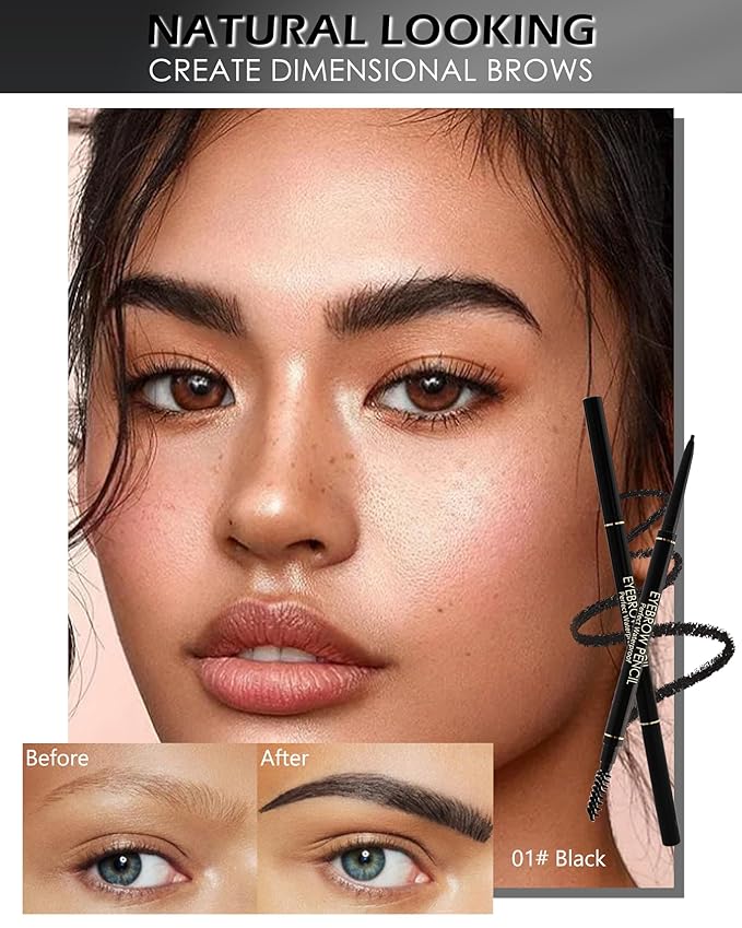 Black Eye Brow Pencils for Women, 6Pcs Waterproof Eyebrow Pencil Set, Ultra Fine Tip for Perfect Eye Liner Brows, Long Lasting Makeup Professional Shaping & Filling Brow Gel Pen with Eyebrow Razor-01