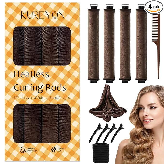 Overnight Heatless Hair Curler- 4 Piece Set- Jumbo Heatless Curls- Satin Flexi Rods to Sleep in- No Heat Curler Overnight Sleeping Curls Styling Tools- Gentle Rollers for All Hair Types