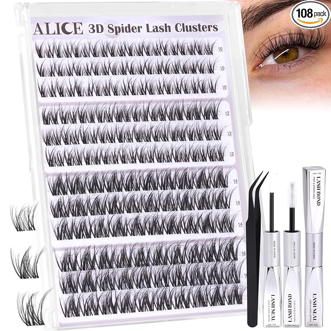 ALICE Spider Lash Clusters Kit Wispy Volume Cluster Eyelash Extension Kit 3D Natural Eyelash Clusters Kit 10mm-16mm Invisible Band Individual Lashes with White Bond and Seal