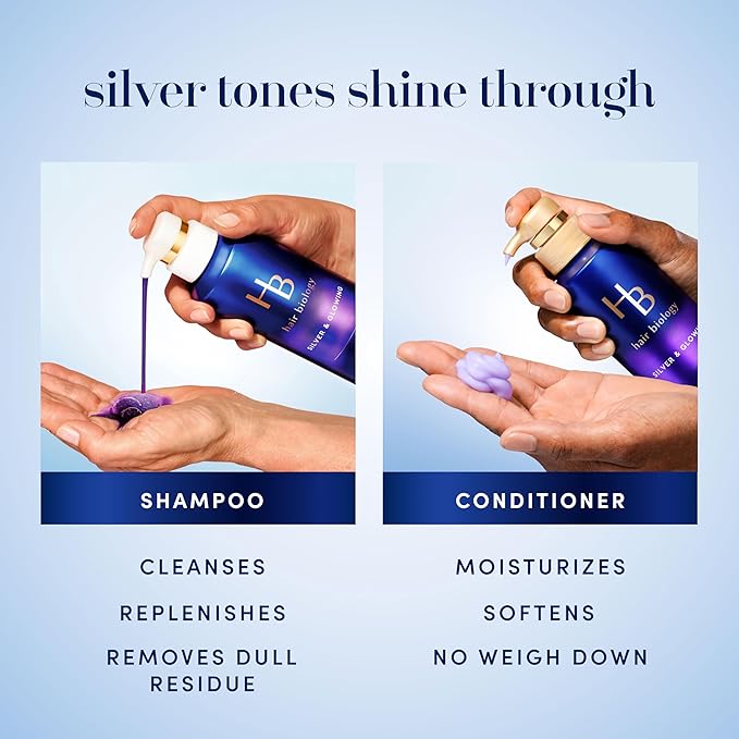Hair Biology Biotin-Infused Purple Shampoo and Conditioner Set for Grey Hair, Anti-Brassiness, Moisturizing, Color-Safe, Silver & Glowing, Corrects Yellow Tones, 12.8 Fl Oz Each, 2 Count (Pack of 4)