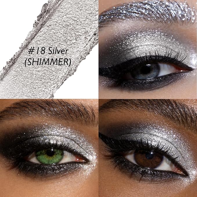 Cream Eyeshadow, Silver Shimmer Glitter Eye Shadow Stick Waterproof Long Lasting Neutral Smoky Eyeshadow Pencil Highlighter Makeup High Pigmented Blendable Eyeliner Pen for Women