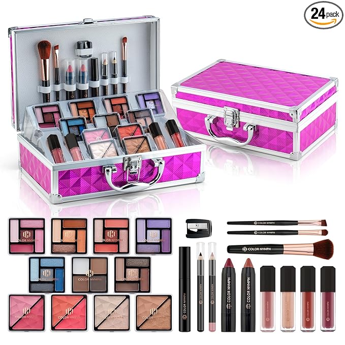 Color Nymph Girls Makeup Kits for Teen, Beginner Makeup Kit For Girls Non Toxic Makeup Set w/Train Case 24pcs Cosmetics Eyeshadow Lipstick Lipgloss Blush Mascara Eyeliner For Tweens Girl/Lady