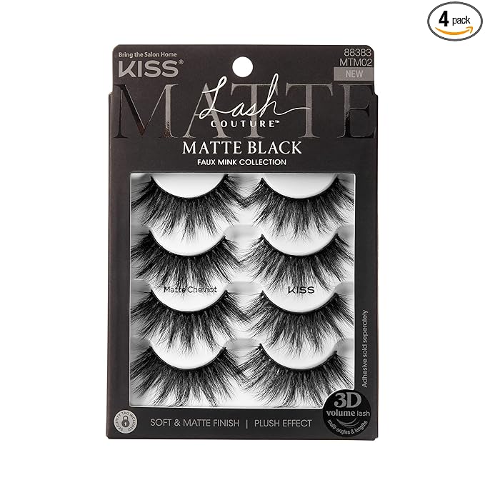 KISS Matte Black, False Eyelashes, 'Matte Cheviot', 18mm-20mm, Includes 4 Pairs Of Lashes, Easy to Apply, Reusable Lash Clusters