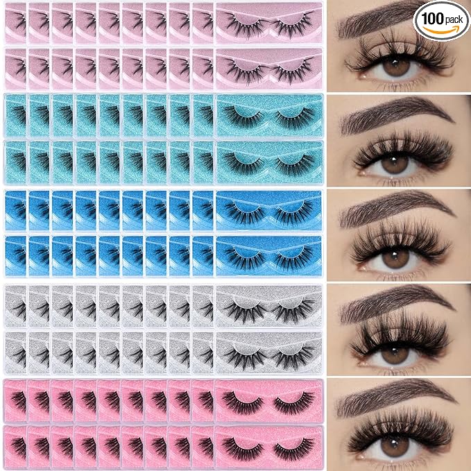 APCYUST Lashes Bulk Wispy Eyelashes Wholesale 100 Pairs 5 Styles 15mm 18mm Dramatic Cat-Eye Faux Mink Lash Reusable 5D Soft Eyelash with Individual Glitter Portable Pack