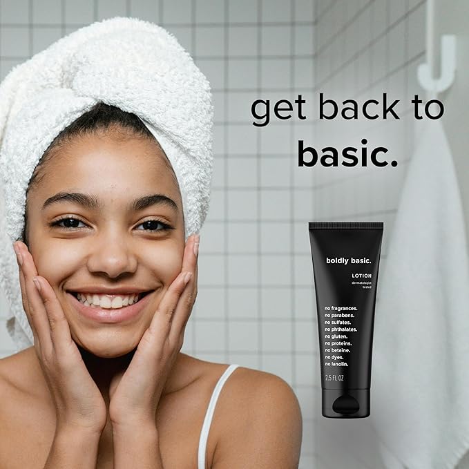Boldly Basic Fragrance Free Lotion - Moisturizer for Dry and Sensitive Skin - Non Greasy - Unscented - Dermatologist Tested - No Sulfates, Parabens or Gluten - Travel Size 2 Pack (2.5 oz Each)