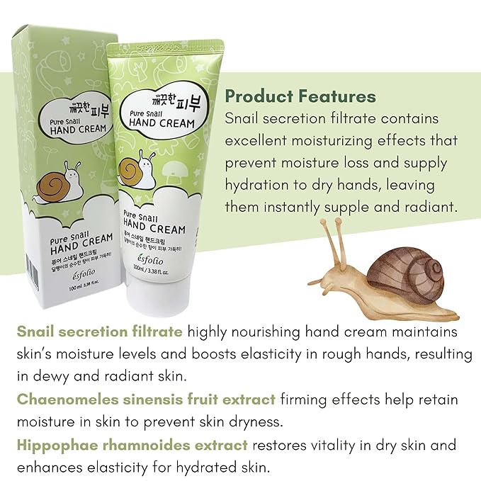 esfolio Pure Skin Snail Hand Cream – Deep Moisturizing & Restoring Hand Lotion with Snail Mucin, Hydrating & Nourishing for Dry Skin – Non-Greasy, Fast Absorbing (3.38 OZ/100ML)