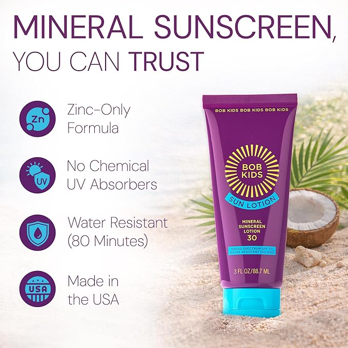 Brush On Block - Sunscreen for Kids & Baby - BOB KIDS Mineral SPF 30 Lotion - 22% Zinc Oxide, No White Cast, Reef Safe - Non Toxic Sunblock with Coconut Oil - Sensitive Skin Face & Body 3oz
