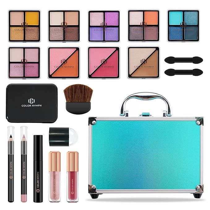 Color Nymph Beginner Makeup Kits For Teens With Train Case Included Full Makeup Kit Eyeshadow Palette Blushes Bronzer Highlighter Lipstick Brushes Mirror (Green)