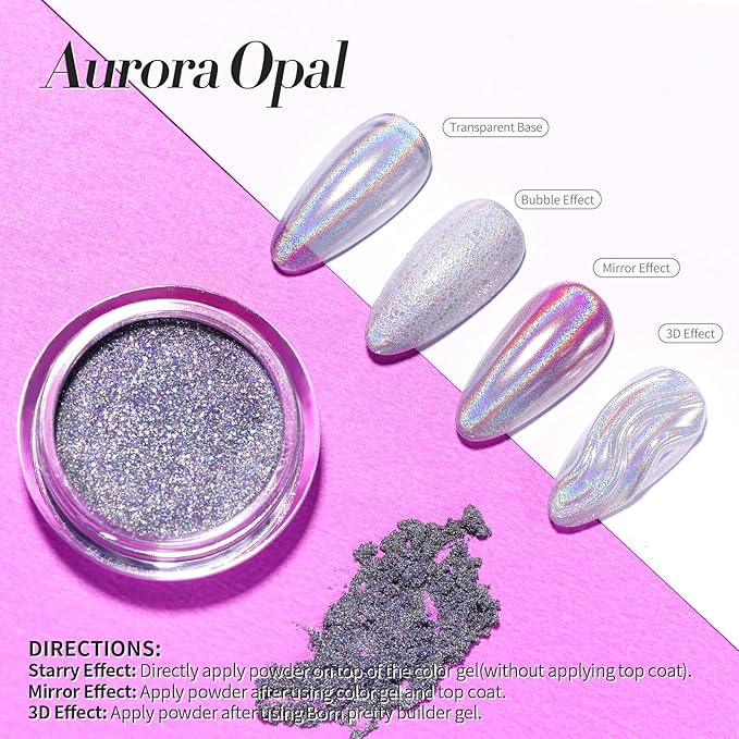 Born Pretty Holographic Nail Powder Fine Rainbow Iridescent Holographic Effect Multi Chrome Manicure Pigment Glitter Dust for Salon Home Nail Art DIY Design