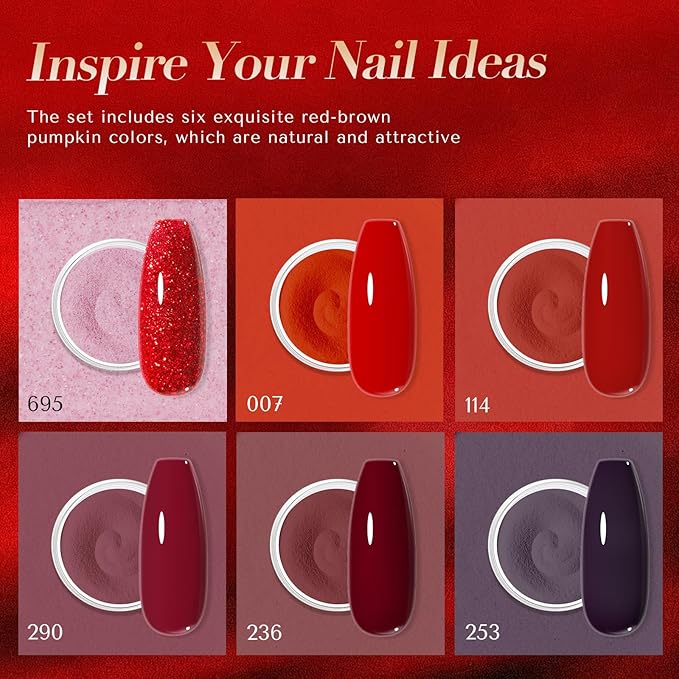 AZUREBEAUTY Dip Powder, Red Glitter 6 Colors Dipping Powder Starter Kit with Heart-Shaped Sequins French Nail Art Manicure DIY Salon Valentine's Day Gift for Women, No Need Nail Lamp Cured