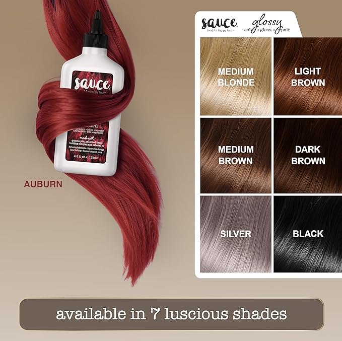 Sauce Beauty Glossy Color + Gloss + Repair, Auburn, Semi Permanent Hair Dye with Bond-Building and Color-Fade Protection Technology, Adds Shine & Deep Moisture, Lasts 4-8 Weeks, Stops Fade
