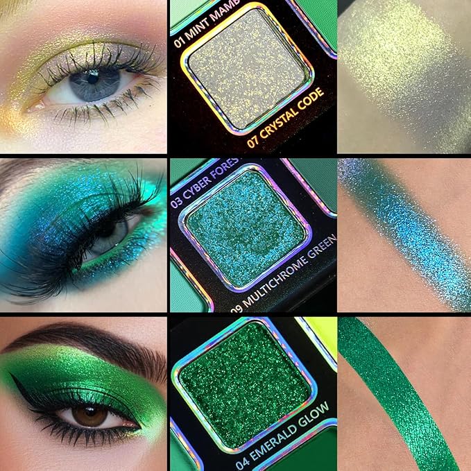 Green Eyeshadow Makeup Palette, 12 Colors Neon Emerald Green Glitter Holographic Eyeshadow with Matte Shimmer for Brown Eyes, Pigmented Silky Long Last Forest Eye Shadow for Witch, Shrek, Party, Vegan