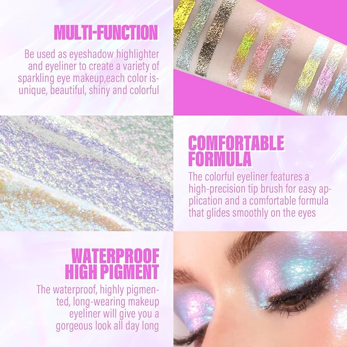 3PCS Multichrome Liquid Eyeshadow Set,Multi-Dimensional Fairy Makeup,High Pigment Waterproof Aurora Eye Shadow,Ultre Fine Tip Glitter Eyeliner (01 Aurora+02 Twilight+03 Moonbow)