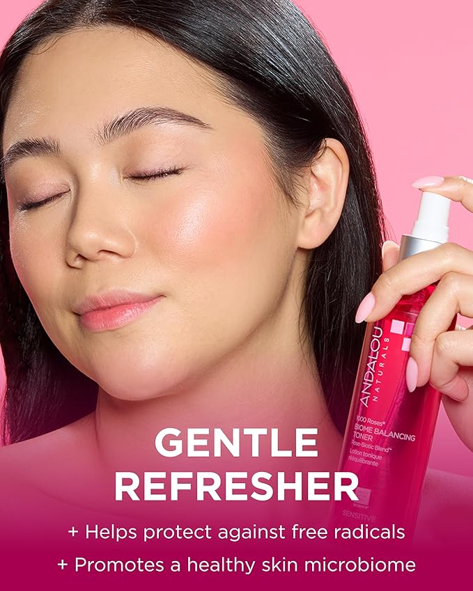 Andalou Naturals Toner, 1000 Roses Biome Balancing Facial Toner, Refreshing & Gentle on Sensitive Skin, Rose-Biotic Blend to Help Protect & Strengthen Skin Barrier, 6 Fl Oz Spray