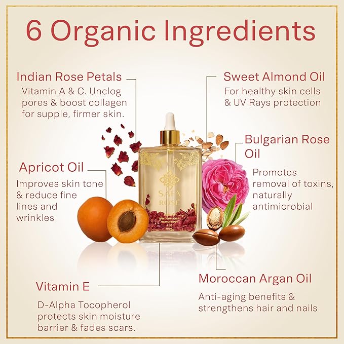SAFA Rosé Oil for Face, Body, Hair & Nails | After Shower Organic Rose Body Oil | Bulgarian Rose Essential Oil with Apricot, Moroccan Argan & Vitamin E | Long Lasting Natural Fragrance - 4 Fl Oz