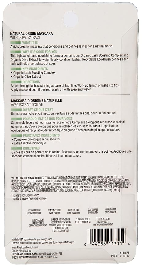 Physicians Formula Organic Wear Lash-Boosting All Natural Mascara, Lifts, Lengthens, For Sensitive Eyes, Dermatologist Tested - Natural Origin Black