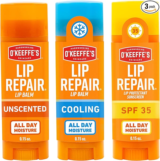 O'Keeffe's Lip Repair Lip Balm Set for Dry, Cracked Lips - Stick (Pack of 3: 1 Cooling + 1 Unscented + 1 SPF) - Moisturizer for for Extremely Cracked, Dry Lips