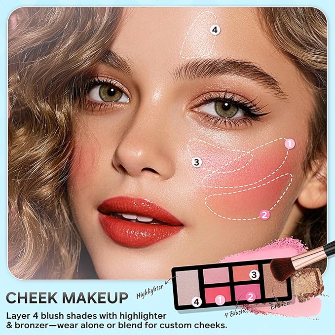 Color Nymph Beginner Makeup Kit For Teens With The Small Cosmetic Train Case Included 24-Colors Eyeshadow Palette Blushes Bronzer Highlighter Lipstick Brushes Mirror(Silver)