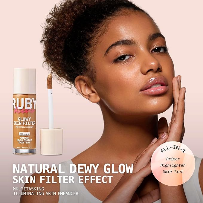 Ruby Kisses Glowy Skin Filter Foundation - All-in-1 Primer, Skin Tint & Highlighter, Hydrating Light Coverage with Squalane, Natural Dewy Finish, Luminous & Radiant Glow (Golden Tan)