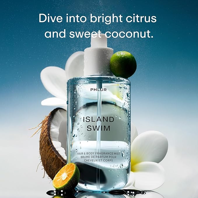 PHLUR Island Swim Body Mist, 8 Fl Oz - Hair and Body Perfume, Tropical Citrus Coconut Body Spray with Bergamot, Plumeria & Sandalwood Fragrance