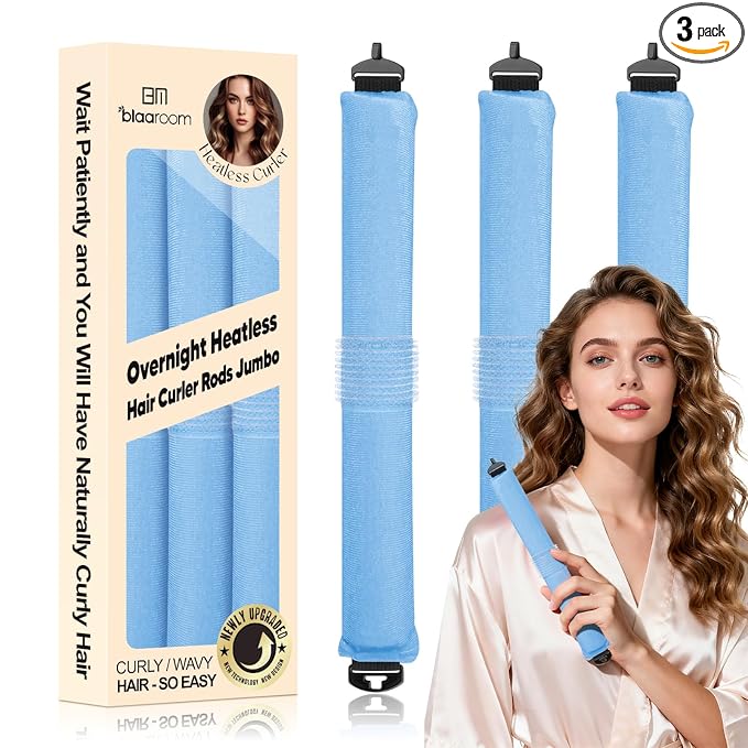 Overnight Heatless Hair Curler, Upgraded with Hair Pad Grippers Satin Jumbo Flexi Blowout Curls Rods, 3pcs No-Heat Styling Tools Curling Rod to Sleep in for All Hair Types - Blue