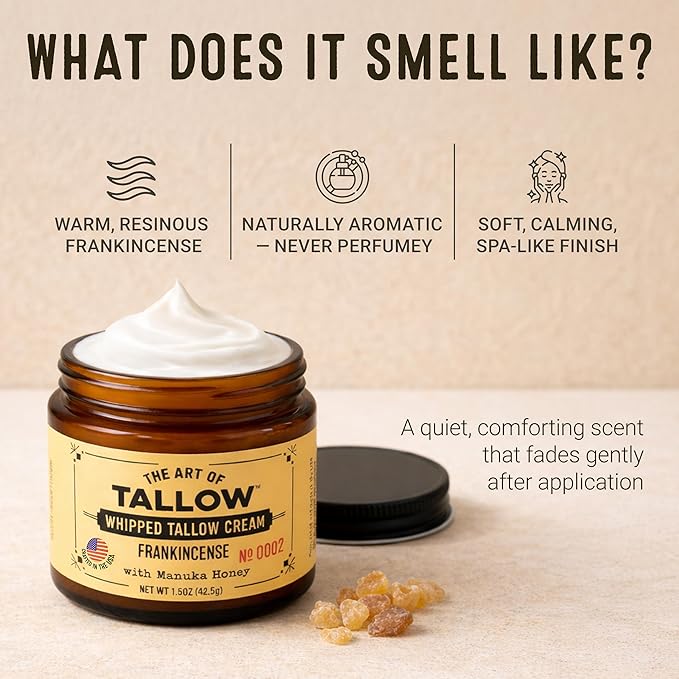 Tallow Face Moisturizer – Frankincense Beef Tallow for Skin, Whipped Tallow Cream with Manuka Honey & Organic Jojoba Oil, Face Cream, Grass Fed & Finished, Made in USA, 1.5 oz