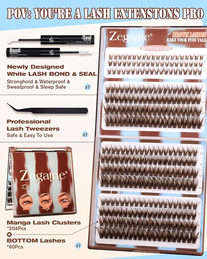 Zegaine Brown Lash Clusters Kit Dark Brown Lashes With Bottom Eyelash Clusters 300Pcs Natural Brown Lash Extensions Wispy Lash Clusters Kit With Lash Bond&Seal, Lash Tweezers 10-16MM