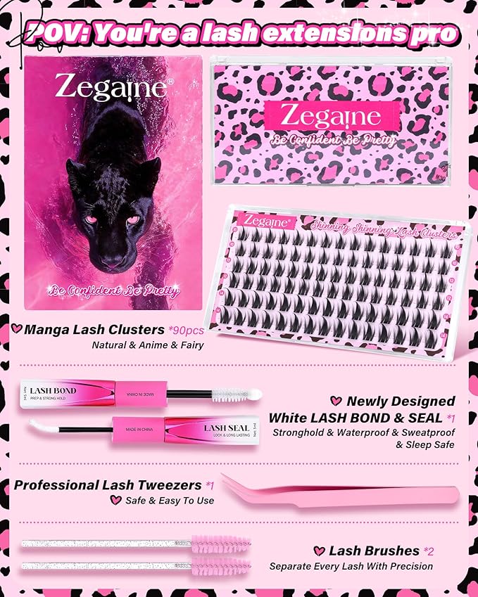 Anime Lash Clusters Kit Natural Eyelash Clusters Invisible Band 10-12-14MM C Curly Manga Cluster Eyelash Extensions Kit Wet Look Lashes Clusters Kit with Lash Bond&Seal Tweezers Brushes by Zegaine