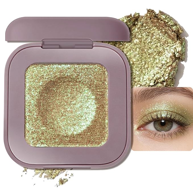 Duochrome Glitter Eyeshadow, Ultra-Fine Color Shifting Metallic Shimmer, High Pigment Holographic Single Eye Makeup, Long Lasting & Buildable Eye Shadow (#4 Iridescent Green-Gold)