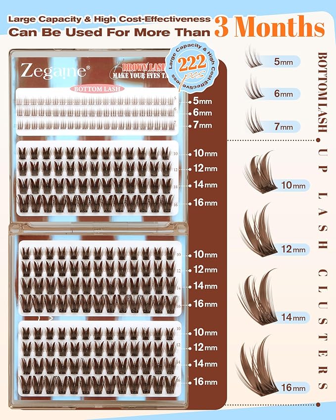 Brown Lash Clusters With Bottom Eyelash Clusters Manga Dark Brown Cluster Eyelash Extensions 222Pcs Brown Bunny Lashes Clusters D-Curly Individual Lashes 10-16MM by Zegaine