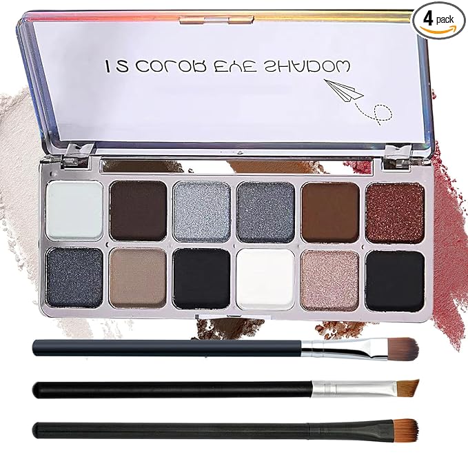 Black Grey Smoky Eyeshadow Palette,15 Colors Matte Shimmer Pigmented Eye Shadow Makeup Palette Set with 3 Eyeshadow Brushes,Glitter Eye Shadow for Daily Halloween Goth Makeup(N)