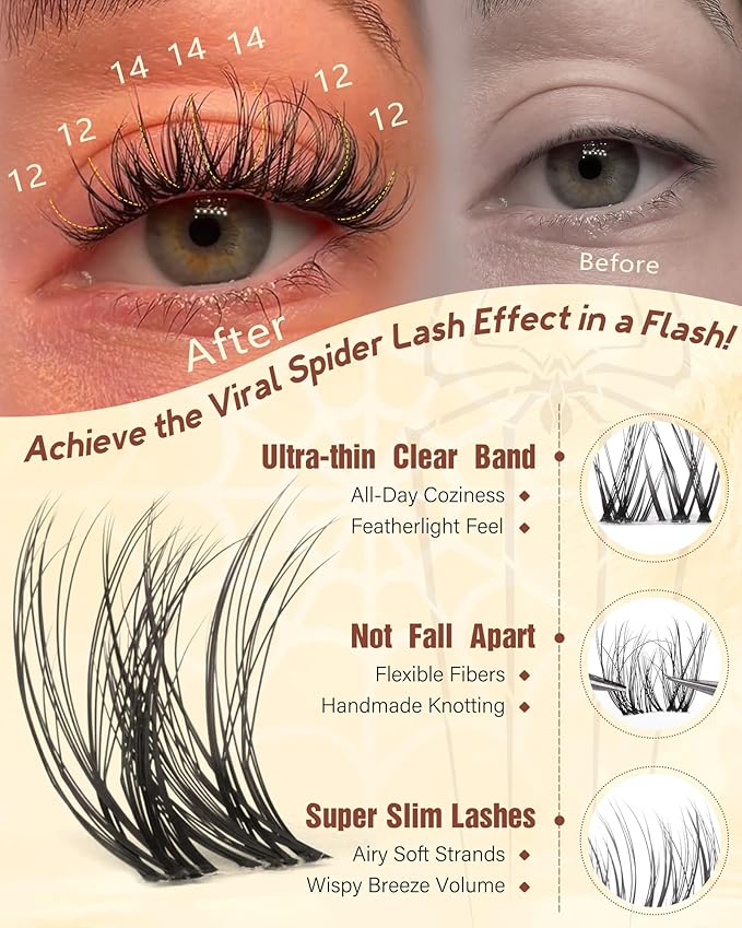 Spider Lash Clusters Kit Breeze Wispy Eyelash Clusters Kit Natural Venus Cluster Eyelash Extensions D Curl Invisible Band Fluffy Individual Lashes Salon Look for Daily Work&Parties 8-16mm by zenotti