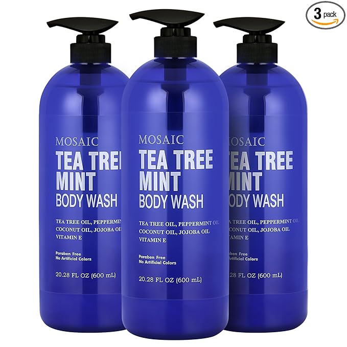 Tea Tree Body Wash with Mint & Shower Gel with Vitamin E for Jock Itch, Eczema, Ringworm, Body Odor, Body Wash Women & Men with Added Body Oils,LARGE 20.2 FL Oz Bottle (Tea Tree Mint, Pack of 3)