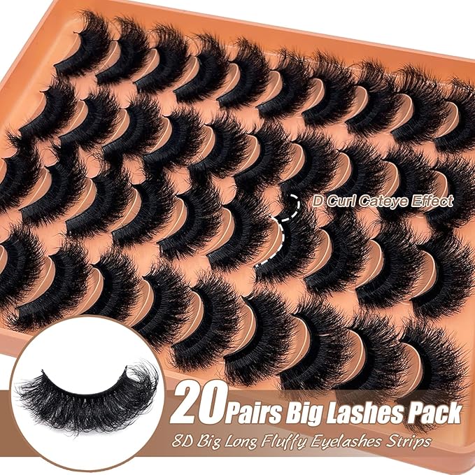 Mink Lashes Fluffy Dramatic Thick Volume Eyelashes Strips 3D 20mm 25mm Big Long Cat Eye Full Strips Lashes Faux Mink Eyelashes Multipack 20 Pairs Fake Lash Strip Pack YH305