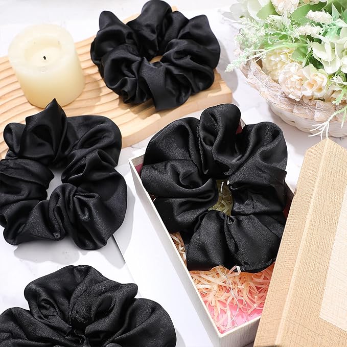 Waydress Big Satin Silk Scrunchies Hair Ties - 6 Pieces 7.2 Inch Satin Elastic Silk Hair Bands Jumbo Gaint Oversize Black Thick Scrunchy Large Ponytail Holder Accessories Gift for Women and Girls