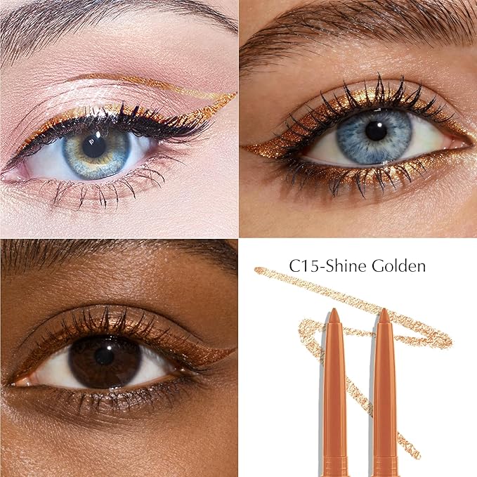 2 PCS Golden Eyeliner Pencil Set, Retractable Shine Shimmer Gel Waterline Eye Liner Pen, Smudge-Proof Multi-Use Creamy Eye Brightener High Pigmented Long-Lasting Smooth Eyeliner for Older Women