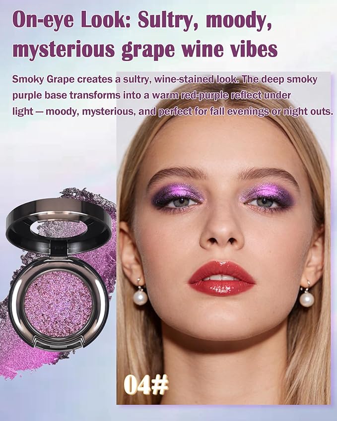 Chameleon Duochrome Glitter Eyeshadow Palette, Holographic Shimmer Single Eye Shadow Palettes, Color Shift Sparkle Iridescent, Multichrome Metallic Eye Brightener Highlighter Makeup-04 Smoky Grape