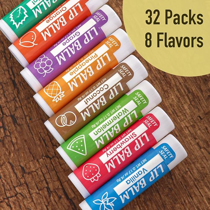 YesBes 32 Pack Lip Balm, Natural Lip Balm Bulk with Vitamin E and Coconut Oil, Moisturizing Lip Balms for Dry Cracked Lips, Lip Balms for Mothers Day Gifts Stocking Stuffers - 8 Flavors