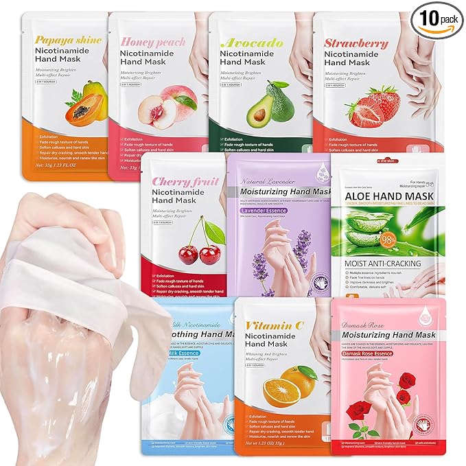 AIUEO 10 PCS Hand Mask Moisturizing Gloves, Hydrating Hand Masks for Dry Cracked Hands, Exfoliating Hand Peeling Mask, Nourishing Collagen Gloves for Hands