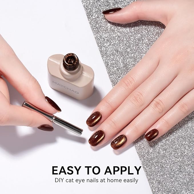 MAYCHAO 15ML Fall Brown Cat Eye Gel Nail Polish 1Pc Gilded Cocoa Cat Eye Gel Polish Soak off Holographic Magnetic Nail Polish for Nail Art Manicure Salon DIY at Home, 0.5 OZ