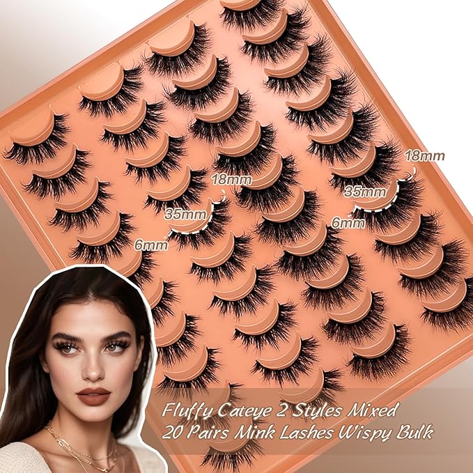 Mink Lashes Wispy Cat Eyelashes Strip False 3D Eyelashes 16mm Short Fluffy Lash Natural Look Faux Mink Cat eye Lashes Multipack Pack 2 Styles Mixed YH309