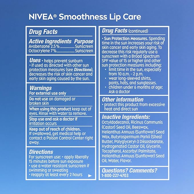 NIVEA Lip Balm Set, Smoothness Lip Care with Broad Spectrum SPF 15 Sunscreen, 0.17 Oz (Pack of 4) + Dewy with Hyaluronic Acid, 0.18 Oz (Pack of 4), Long-Lasting Moisture