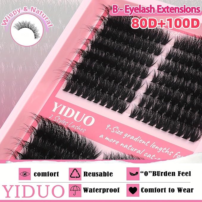 YIDUO Lash Clusters Kit 40D+50D+80D+100D Volume Left&Right Cat Eye Cluster Eyelash Extensions Kit 560pcs 10-20mm Wispy Individual Eyelash Extension with Lash Bond and Seal Removers Tweezers