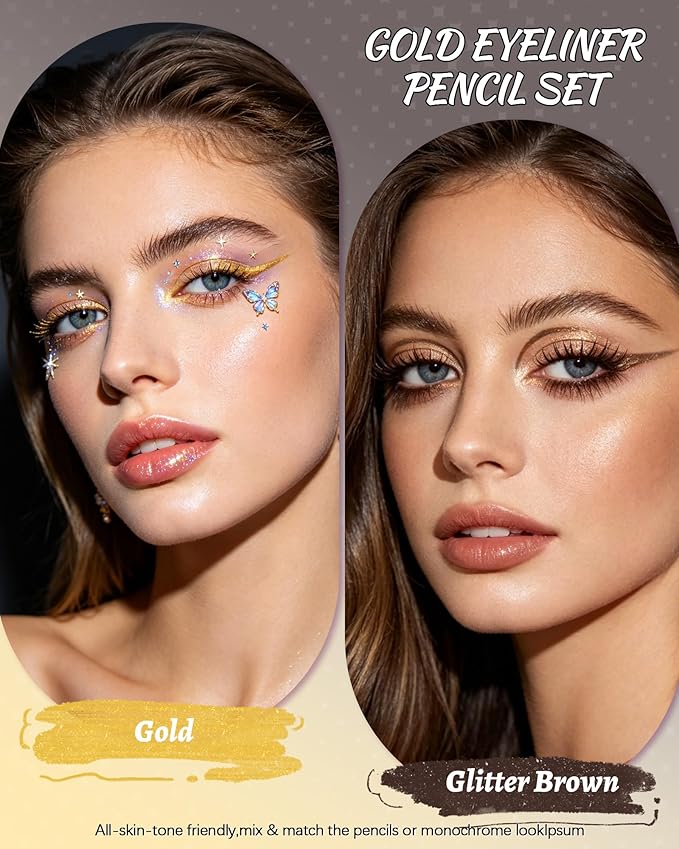 2 PCS Gold Eyeliner Pencil Set, Glitter Cream Gel Eyeliner Pencil kit, Waterproof & Smudge-proof Waterline Eye Liner Pen Beauty Makeup for Mature Women, Girls, Daily, Party, Halloween- Gold Set