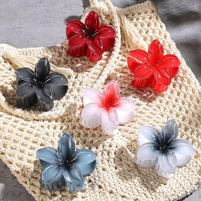 CHANDAT Flower Hair Clips 6 PCS Hawaiian Claw Clips for Vacation Hibiscus Hair Claw Clips Cute Large Hair Clips for Thick and Thin Hair Plumeria Hair Accessories for Women Girls -Dark Color