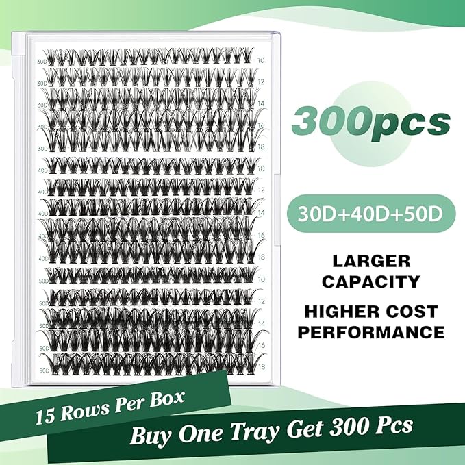 KEYYOU Lash Clusters 300pcs Individual Lashes, 30D40D50D 0.07D Curl 10-18MIX DIY Eyelash Extension, Soft & Natural Volume Cluster Lashes with Large Tray